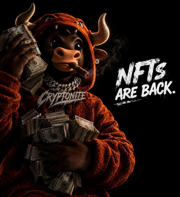 A 3D-rendered bull character wearing a red hoodie and 'KRYPTONITE' chain, holding stacks of cash and smoking a cigar, with the text 'NFTs ARE BACK.'