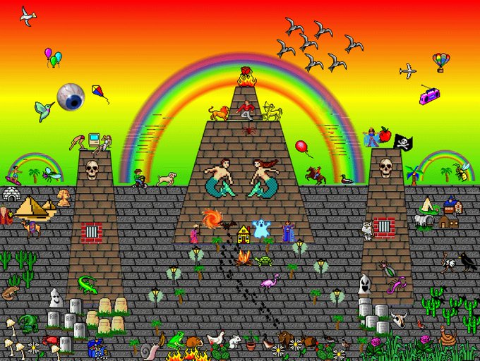 A surreal, chaotic pixel art scene featuring a brick pyramid with a rainbow arching over it, populated with mermaids, skeletons, dinosaurs, flamingos, skulls, and other assorted objects against a bright yellow-green and orange sky.