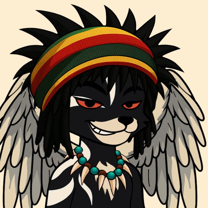 An illustrated cartoon character with dark skin, red eyes, white angel wings, a Rastafarian-colored headband (red, yellow, green), and a beaded necklace with teeth/claws.