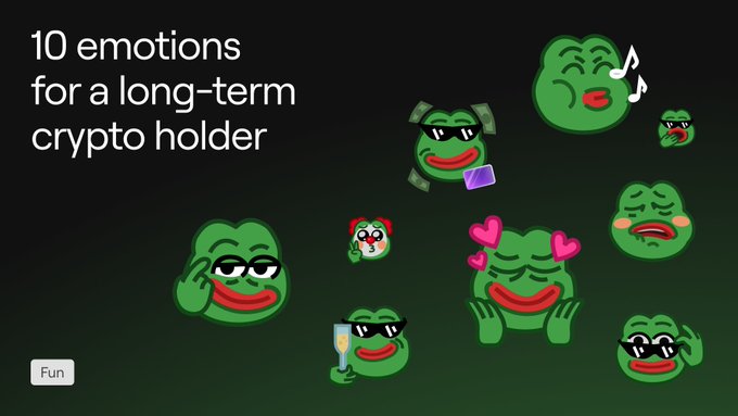 Meme graphic on dark background with text '10 emotions for a long-term crypto holder' featuring various Pepe the Frog expressions.