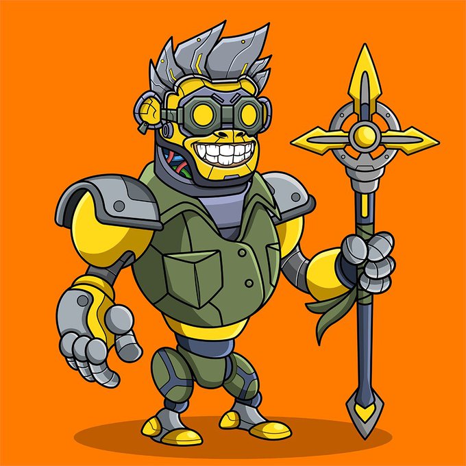 A cartoon-style illustration of a yellow robotic character wearing green military-style armor and goggles, holding a large staff with a yellow crystal on top, set against an orange background.