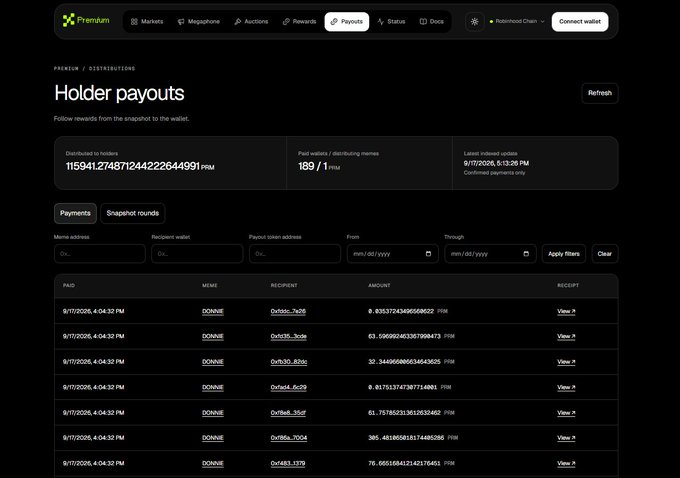 The image shows the "Holder payouts" page of the Premix platform's Payouts tab, displaying distribution metrics including 115,941.2748712442226491 PRM distributed to holders across 189 wallets with a last update of 9/17/2025, 5:13:26 PM. A table below lists individual payments from "DONNIE" to various recipient wallets (0x1555..., 0x1515..., 0x1b30..., etc.), with all entries timestamped 9/17/2025, 4:04:32 PM, visually confirming the post's description of creator fees being automatically distributed to PRM token holders.