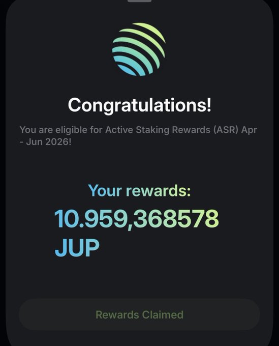 A mobile screenshot celebrating 10.959 JUP Active Staking Rewards (ASR) from the April-June 2026 distribution period, with a "Rewards Claimed" button confirming the user has successfully redeemed their allocation, reflecting the post's message of long-term JUP staking rewards.