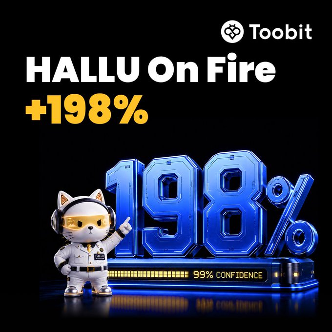 A Toobit cryptocurrency advertisement features a white cat mascot in a spacesuit and VR headset pointing at a glowing blue 3D '198%' sign, with text reading 'HALLU On Fire' and '+198%' against a black background.