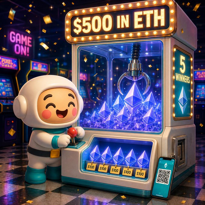 A digital illustration of a cute astronaut character playing an arcade claw machine offering "$500 IN ETH" with blue Ethereum crystal prizes and "5 WINNERS" displayed.