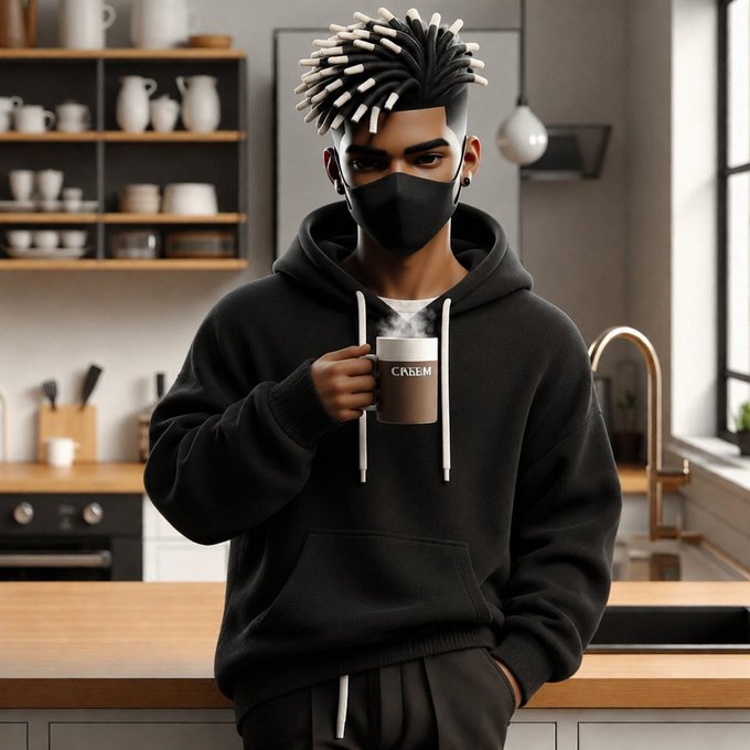 A person with spiky two-toned hair wearing a black mask and black hoodie, holding a steaming cup of coffee in a modern kitchen.