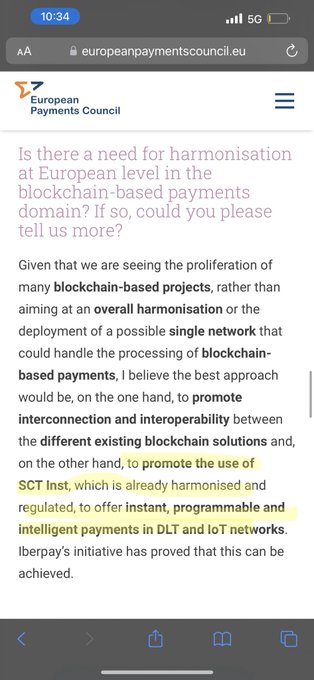 A screenshot from europeanpaymentscouncil.eu displays a Q&A response about blockchain payment harmonization, with highlighted text promoting **interconnection, interoperability, and the use of SCT Inst** for instant, programmable payments in DLT networks—directly supporting the post's claim that Ripple aligns with Europe's SCT Inst instant euro rail and PSD2 transparency requirements.