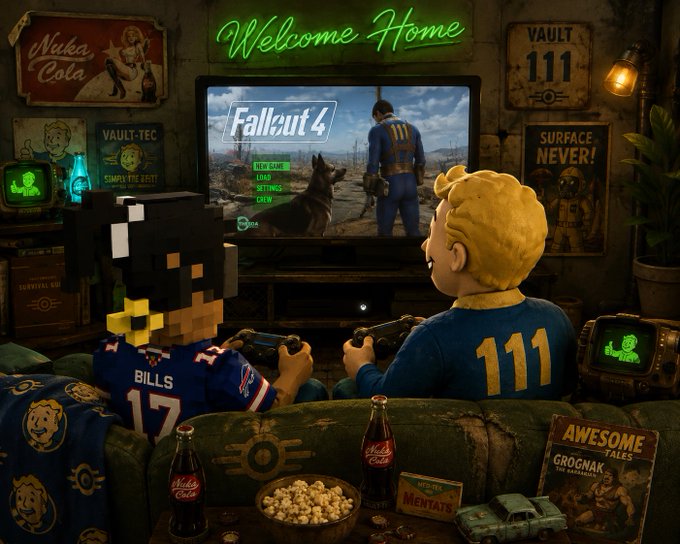 Fallout 4 promotional artwork showing a Minecraft-style character and Vault Boy in blue 111 jersey playing video games in a retro fallout-themed room with Nuka-Cola bottles and a 'Welcome Home' neon sign.