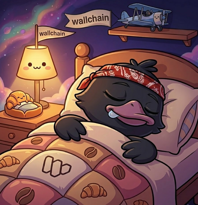 The image features a cartoon character, possibly a bird, sleeping peacefully in bed with a quilt that has a pattern of croissants. The caption above the image reads "Good night quackers AttentionFi is slowly becoming more tangible, and @wallchain is part of that shift by giving structure to something that used to feel completely abstract: attention itself." This suggests that the character's peaceful slumber represents the concept of attention being structured or organized in a way that makes it more meaningful.

The image also includes a lamp with a cartoon character on top, which adds an element of whimsy and creativity to the scene. The combination of these elements creates a visually appealing and thought-provoking representation of how attention is being shaped by technology and social media platforms like Twitter.