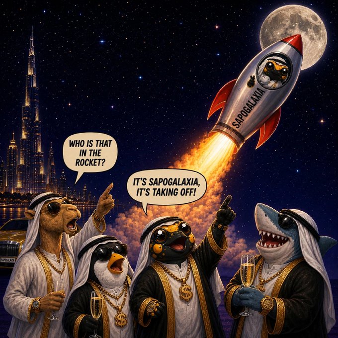 A cartoon-style illustration showing anthropomorphic animals in Middle Eastern attire looking at a rocket labeled 'SAPOGALAXIA' launching toward the moon, with speech bubbles reading 'WHO IS THAT IN THE ROCKET?' and 'IT'S SAPOGALAXIA, IT'S TAKING OFF!'.