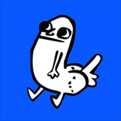 A cartoon illustration of a white, blob-like character running on a blue background, appearing to be a humorous meme image.