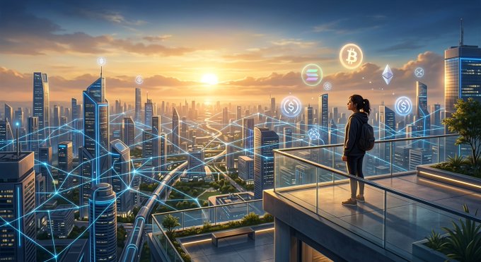 A futuristic cityscape at sunset features a network of glowing blue lines connecting various buildings and cryptocurrency logos, with a person standing on a balcony overlooking the scene.