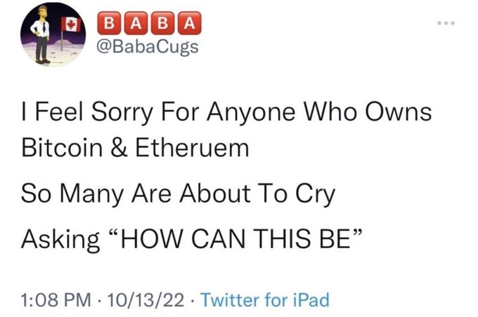 A tweet from @BabaCugs dated 10/13/22 reads, "I Feel Sorry For Anyone Who Owns Bitcoin & Ethereum So Many Are About To Cry Asking 'HOW CAN THIS BE'" — warning crypto holders of an impending loss referenced in the accompanying post about Bitcoin theft from a Coldcard wallet.