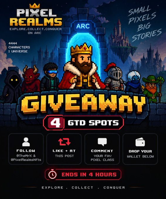 A promotional graphic for a "Pixel Realms" NFT giveaway on the ARC blockchain, advertising "4 GTD SPOTS" with instructions to follow @TheMrX & @PixelRealmsNfts, like, retweet, and comment, ending in 4 hours.