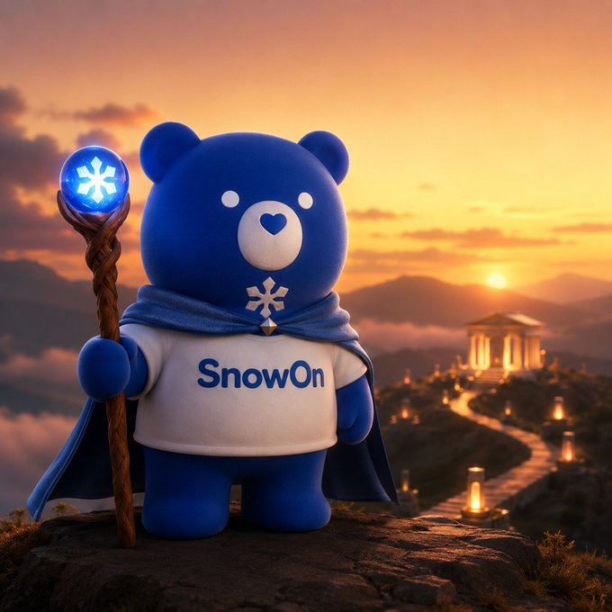 A 3D-rendered blue bear character wearing a white t-shirt that says 'SnowOn', a blue cape, and holding a wooden staff topped with a glowing blue snowflake orb, set against a sunset landscape with a temple and lanterns.