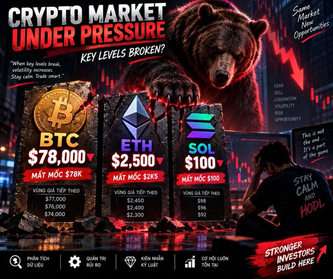 A dramatic promotional image titled 'CRYPTO MARKET UNDER PRESSURE' showing a bear breaking through stone tablets displaying BTC at $78,000, ETH at $2,500, and SOL at $100, all marked 'MẤT MỐC' (broken level).