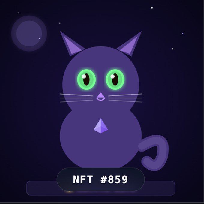 A cartoon purple cat with glowing green eyes sits against a starry night background, labeled "NFT #859," illustrating the CryptoCatsV3 NFT minted on Base via the x402 payment protocol for $0.05 USDC.