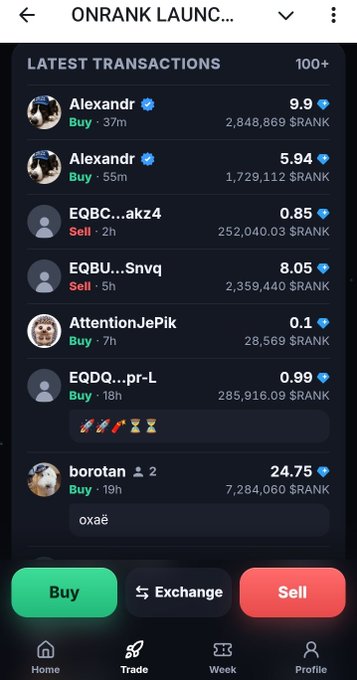 A mobile app screenshot showing 'ONRANK LAUNCH' with 'LATEST TRANSACTIONS' listing users like Alexandr, EQBC...akz4, and borotan with buy/sell actions and RANK token amounts, featuring Buy, Exchange, and Sell buttons.