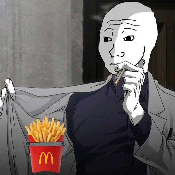 A Wojak-style meme character smoking a cigarette while revealing a McDonald's fries container hidden inside his jacket.