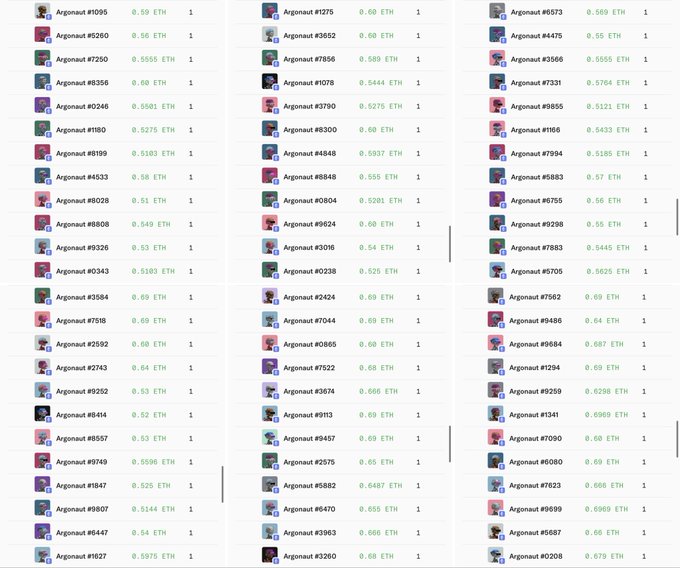 A grid display listing various Argonaut NFT listings for sale, showing prices ranging from approximately 0.51 ETH to 0.69 ETH, with each entry showing the NFT number and a price of 1 unit.