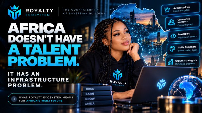 A promotional banner for 'Royalty Ecosystem' stating 'AFRICA DOESN'T HAVE A TALENT PROBLEM. IT HAS AN INFRASTRUCTURE PROBLEM,' featuring a young woman and listing roles like Ambassadors, Developers, and UI/UX Designers.