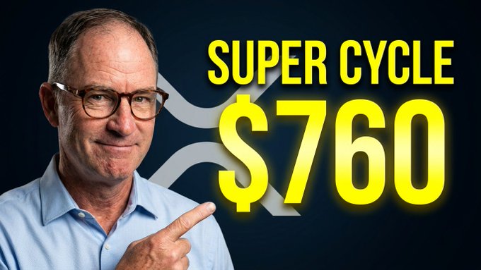 The image features a man wearing glasses, pointing at something with his finger. In front of him, there's a banner that reads "Super Cycle" followed by the number "$7760". The text suggests that this could be an advertisement for Bitcoin or another cryptocurrency.