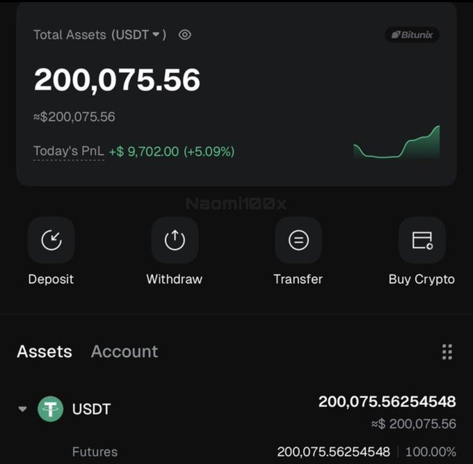 A Bitunix crypto wallet dashboard showing a Total Assets balance of 200,075.56 USDT (~$200,075.56) with today's profit/loss of +$9,702.00 (+5.09%), illustrating the poster's claim of growing their account to over $200K through a memecoin investment.