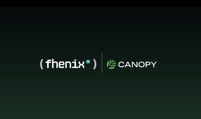 A dark background displaying the logos for '(fhenix*)' and 'CANOPY' side by side, separated by a vertical line.