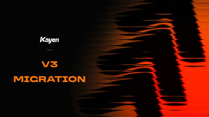 A promotional graphic for Kayen Finance V3 migration, featuring a black background with orange distorted wave effects and the text "Kayen — V3 MIGRATION" alongside the accompanying announcement about liquidity pool migrations to concentrated liquidity.