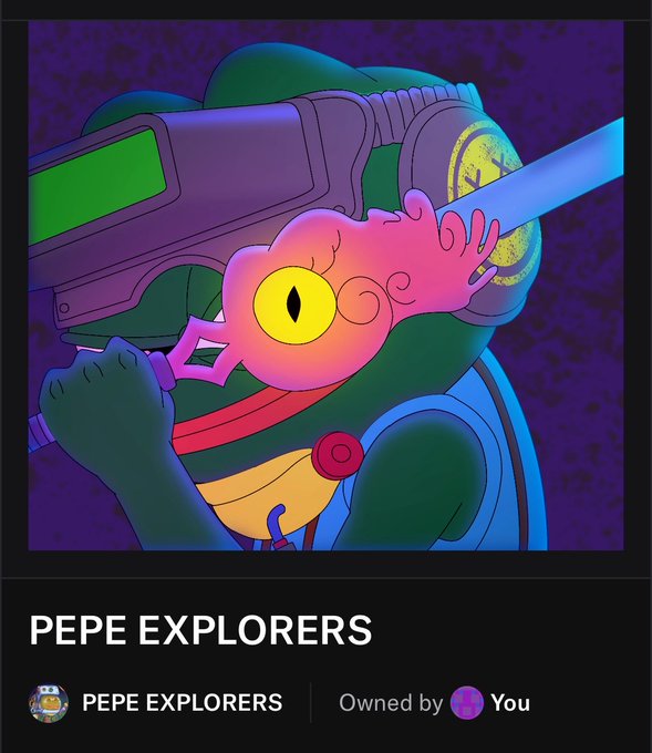 The image features a cartoon character, Pepe Explorers, wearing a green suit with a yellow helmet and holding a sword. The character appears to be in a fighting stance, ready for battle. The background of the image is dark purple, which contrasts with the bright colors of Pepe Explorers' outfit. In the bottom right corner of the image, there's text that reads "Pepe Explorers owned by You".