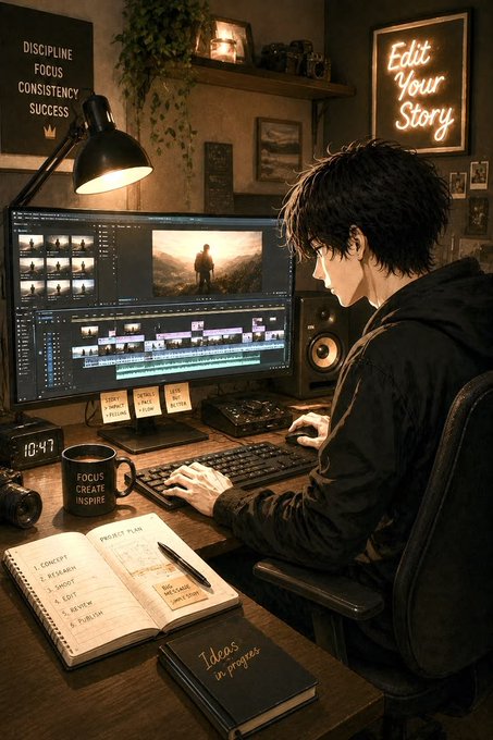 An anime-style illustration of a young person video editing on a computer in a dimly lit room, with wall signs reading 'DISCIPLINE FOCUS CONSISTENCY SUCCESS' and 'Edit Your Story', alongside an open 'PROJECT PLAN' notebook.