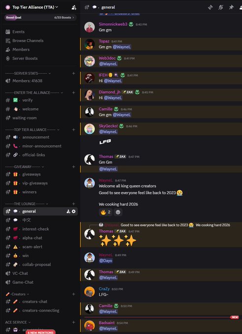 A screenshot of a Discord server called 'Top Tier Alliance (TTA)' shows the '#general' channel with users like Camille, Thomas, and Web3do sending messages and greetings.
