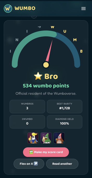 A WUMBO scorecard displays 534 wumbo points for the user "Bro," classifying them as an "Official resident of the Wumboverse," with stats including 3 WUMBROS and a best rarity rank of #1,728.