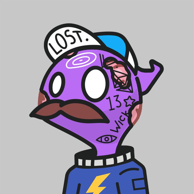 The image features a cartoon character with a purple body wearing a blue shirt and hat. The character has a mustache, goatee, and a lightning bolt symbol on their chest. They are standing against a gray background. The caption of the image reads "A little later than planned after a long day on the road The next exhibit in the House of OGT @peanutt was one of the first leaders to reach out when we started our OGT journey, and both he and the @LongLostNFT community have continued to show us nothing but kindness and".
