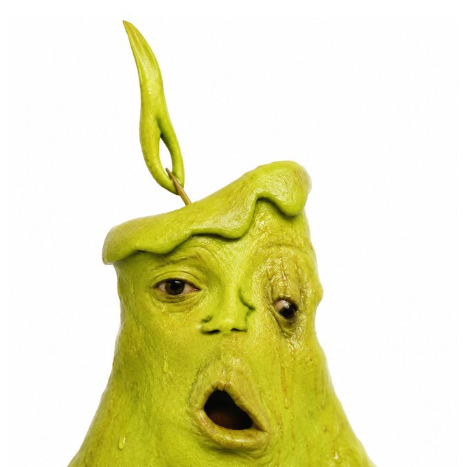 A sculpted green candle shaped like a melting face with a surprised expression, drooping eyes, and an open mouth, featuring a flickering flame on top against a white background.