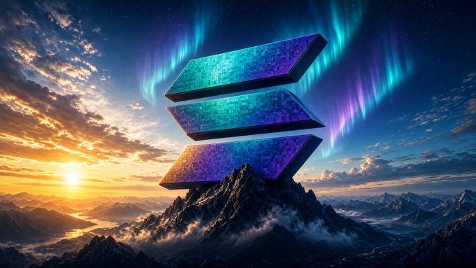 A stylized digital artwork featuring the purple and teal Solana (SOL) logo floating above a mountain landscape with a vibrant sunset and northern lights in the background.