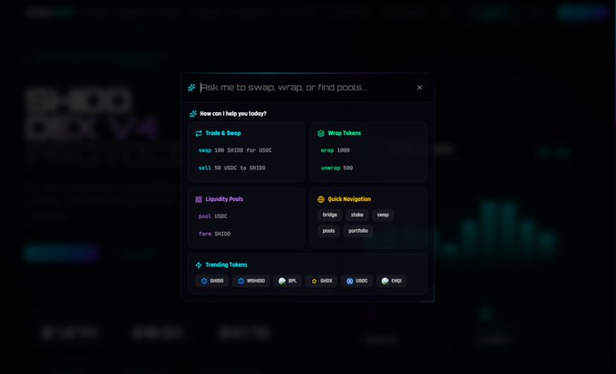 An image of a screenshot of Shido DEX V4.2 which has an AI powered trading screen showing options like find me someplace.