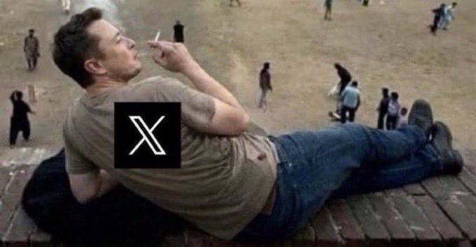 An Elon Musk meme showing him reclining casually while smoking, with a black X (Twitter) logo overlay.
