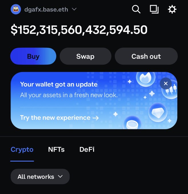 A Coinbase Wallet screenshot shows the account "dgafx.base.eth" with an absurd balance of $152,315,560,432,594.50, presented as a humorous flex about an impossibly inflated portfolio.
