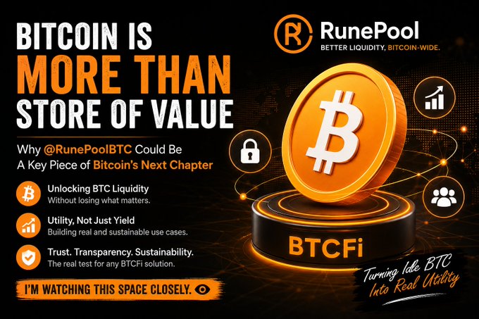 The image is a promotional graphic for RunePoolBTC, featuring a large orange Bitcoin coin on a pedestal labeled "BTCFi," with text promoting "Bitcoin Is More Than Store of Value" and highlighting BTC liquidity, utility, and sustainability. It visually supports the post's discussion by illustrating the shift from simply holding BTC to actively utilizing it through decentralized finance solutions like RunePool's BTCFi platform.