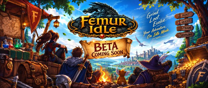 A promotional banner for the game 'Femur Idle' featuring fantasy characters around a campfire, with text 'Grind. Loot. Evolve. Your Adventure, On Idle Mode' and 'BETA COMING SOON.', alongside menu options HUNT, QUEST, TRADE, EXPLORE.