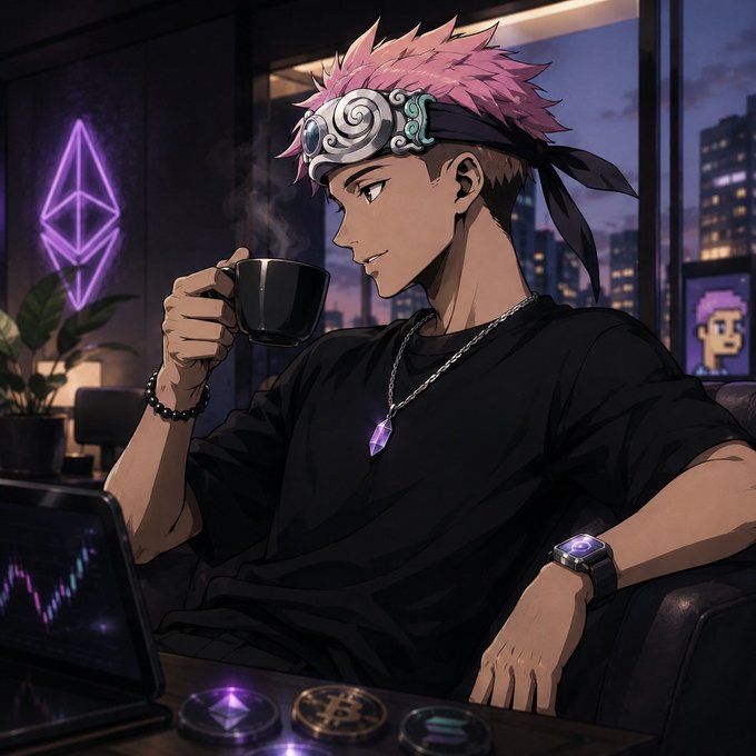 Anime-style illustration of a pink-haired character wearing a headband, sipping from a black mug, with an Ethereum logo and cryptocurrency coins visible.