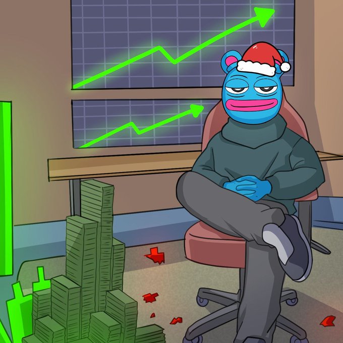 A cartoon character wearing a Santa hat sits in an office chair, with stacks of money around him. There are two green graphs visible in the background that say "Base". The caption reads "The new venture capital is on Base."