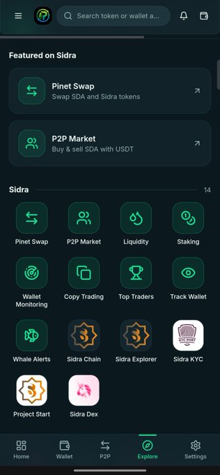The image displays the "Explore" section of a SidraDEX app, highlighting features like Pinet Swap (for trading SDA & Sidra tokens), P2P Market, Wallet Monitoring, Track Wallet, and Top Traders. This aligns with the post's morning announcement promoting these tools for smarter exploration of SidraDEX, emphasizing transparency and access to top trader insights for the #SidraFamily community.