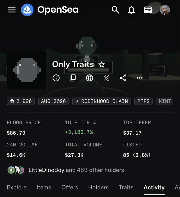 An OpenSea NFT collection page titled 'Only Traits' on the Robinhood Chain (August 2026), showing a floor price of $86.79 (+3,185.7% in 1D), 24H volume of $14.6K, and 490 holders.