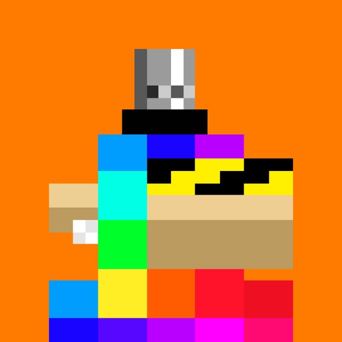 A pixel-art character with a gray helmet holds a multicolored blocky weapon against a solid orange background.