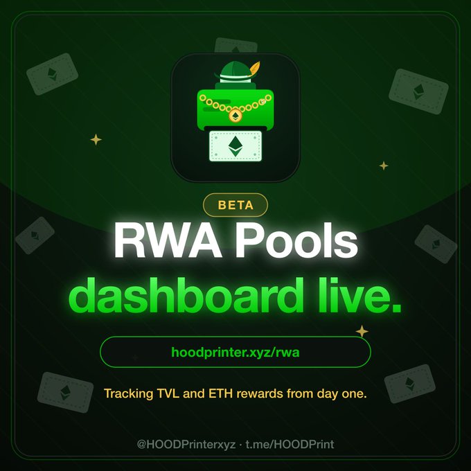 A promotional graphic announcing 'RWA Pools dashboard live' from hoodprinter.xyz/rwa with green and black design, mentioning 'BETA' and tracking TVL and ETH rewards.