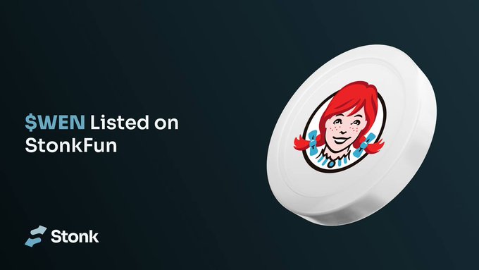 A promotional graphic for the "$WEN" token listing on StonkFun, featuring a 3D rendering of a Wendy's coin bearing the iconic red-haired Wendy's mascot logo. The accompanying text announces that tokenized Wendy's stock is now available for trading paired with $WEN on the StonkFun platform.
