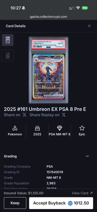 The image shows a PSA-graded "2025 #161 Umbreon EX Pre E" Pokemon card with a grade of NM-MT 8, grading ID 157640019, and an insured value of $1,125.00, along with an Accept Buyback offer of $1,012.50. This relates to the post about pulling valuable cards from an airdrop and free packs on Collector Crypt, showcasing a high-value graded Umbreon EX card pulled from the platform.