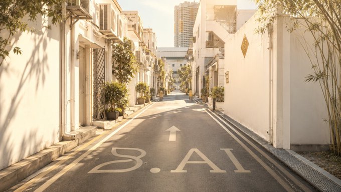 A sunlit street scene featuring road markings of "3.AI" with a forward arrow, flanked by buildings and greenery.